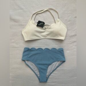 Zaful White and Blue Scalloped Bikini Set